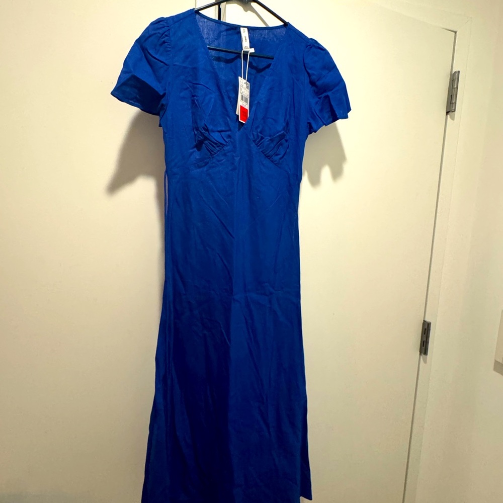 Mango Blue Linen-Blend Midi Dress